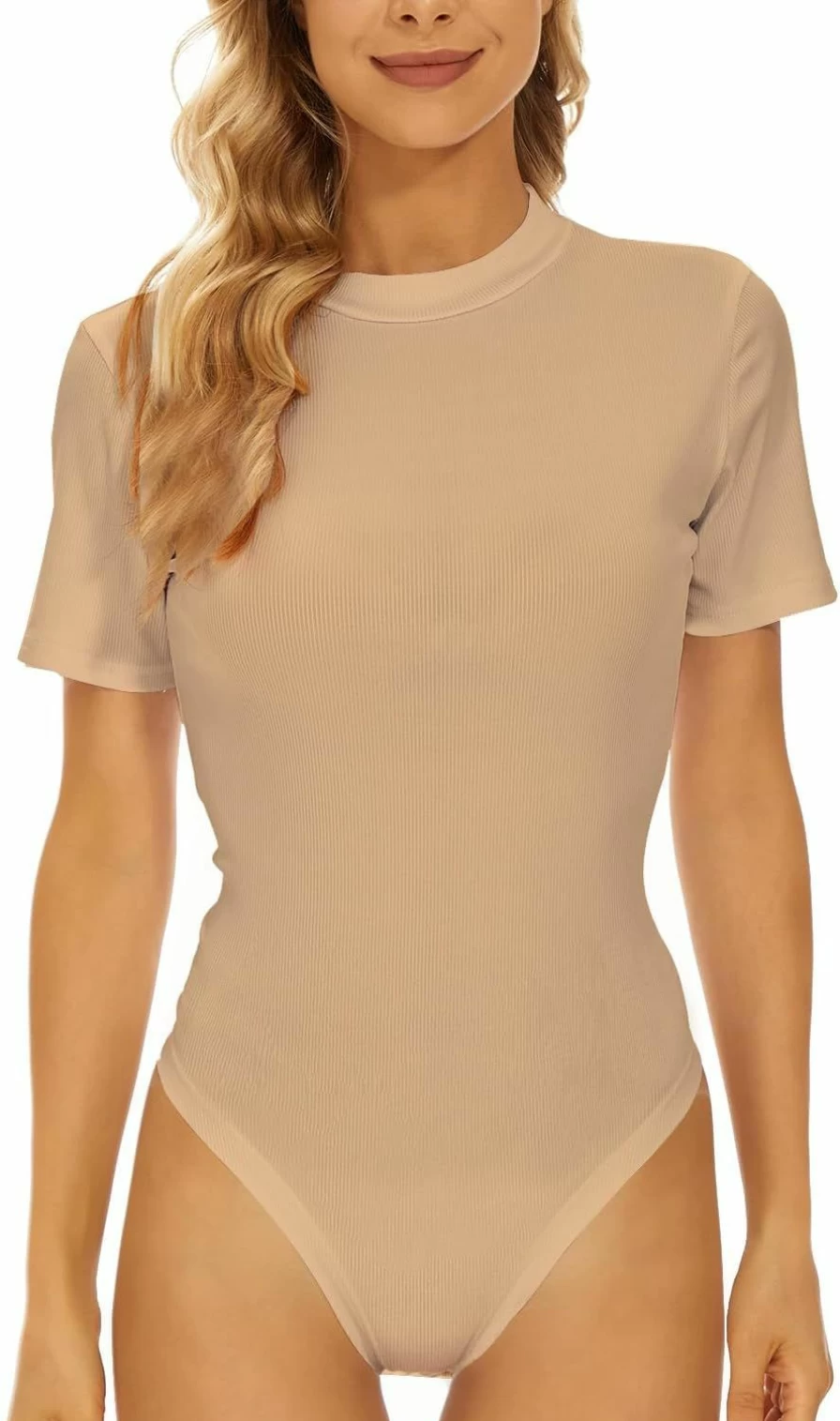YIJIU Women's Slim Fit Mock Neck Short Sleeve Bodysuit - Casual Basic Stretch Jumpsuit T-Shirt Top