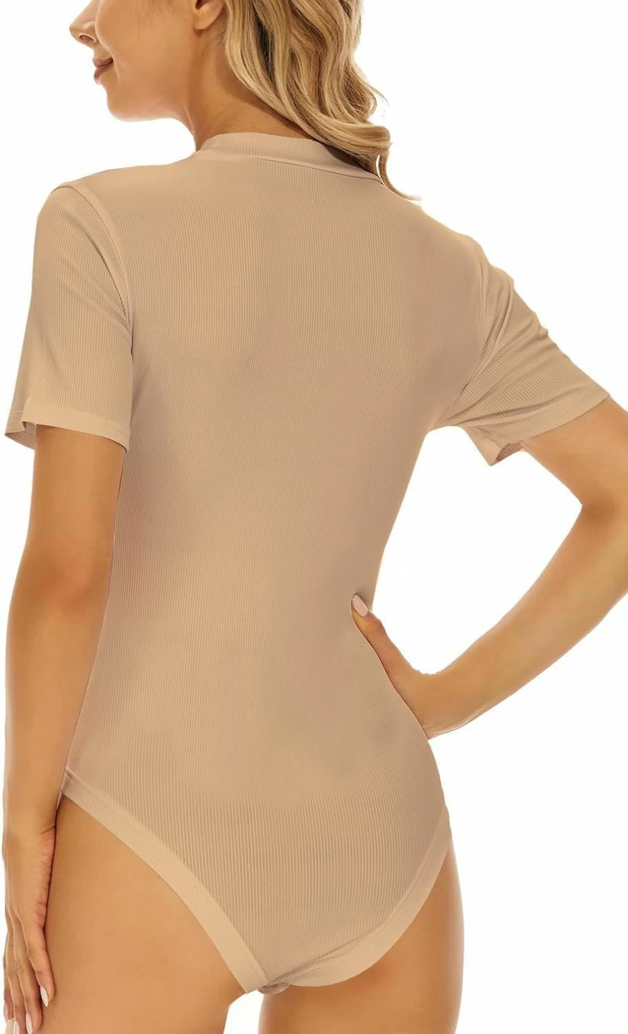YIJIU Women's Slim Fit Mock Neck Short Sleeve Bodysuit - Casual Basic Stretch Jumpsuit T-Shirt Top