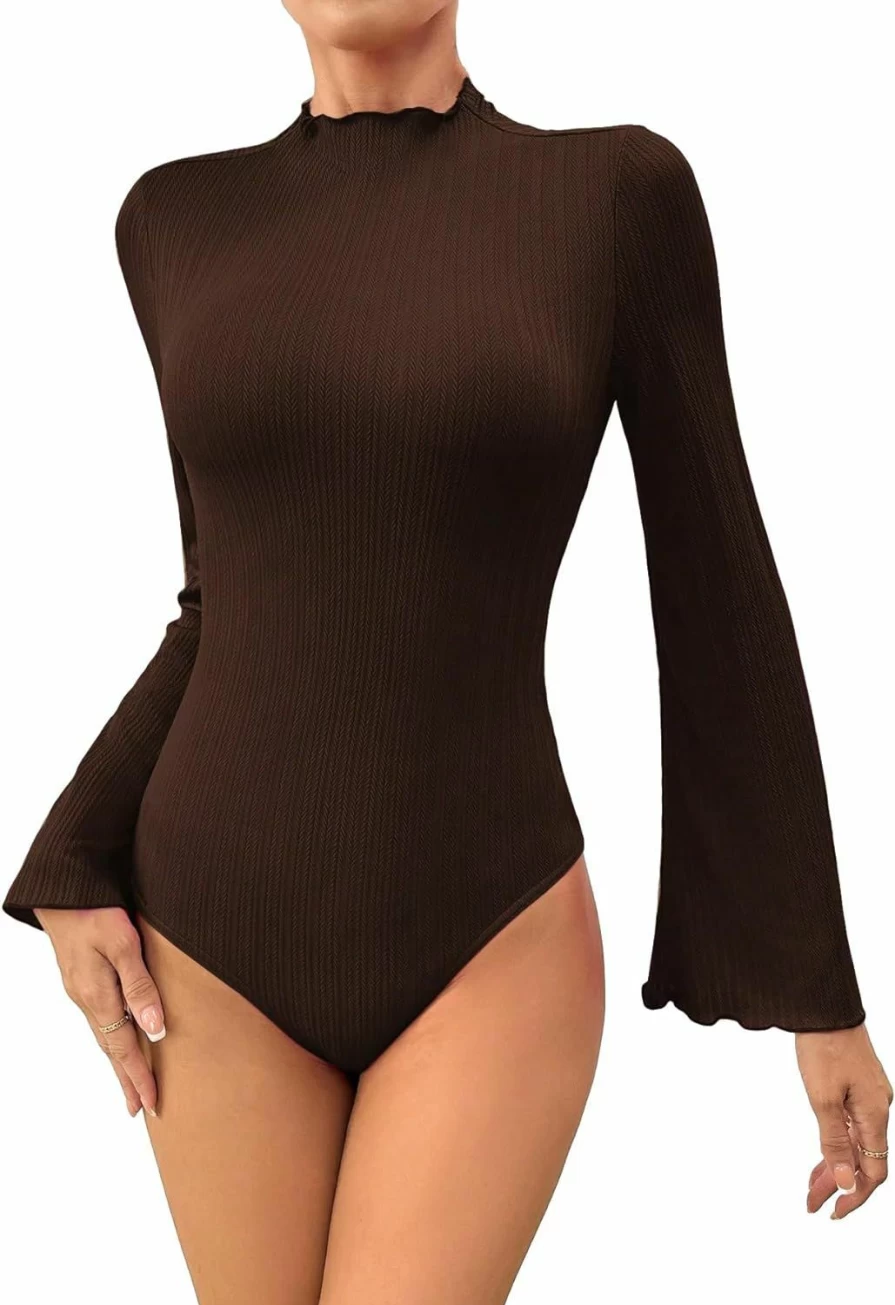 Verdusa Women's Ribbed Mock Neck Bodysuit - Long Bell Sleeve Bodycon Leotard Top for Women