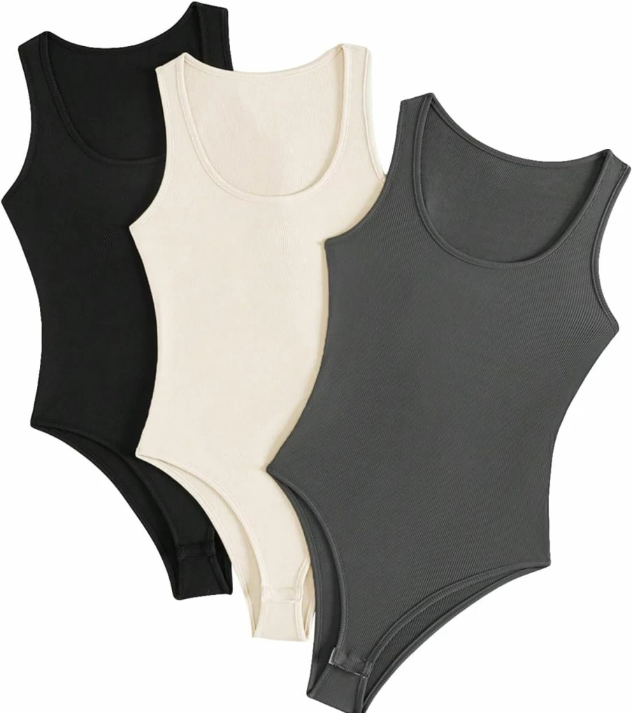 MakeMeChic Women's 3-Piece Ribbed Knit Bodysuit Set - Sleeveless Scoop Neck Tank Tops & Slim Fit Leotards for Casual Wear