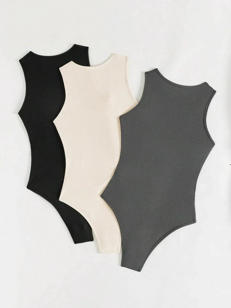 MakeMeChic Women's 3-Piece Ribbed Knit Bodysuit Set - Sleeveless Scoop Neck Tank Tops & Slim Fit Leotards for Casual Wear