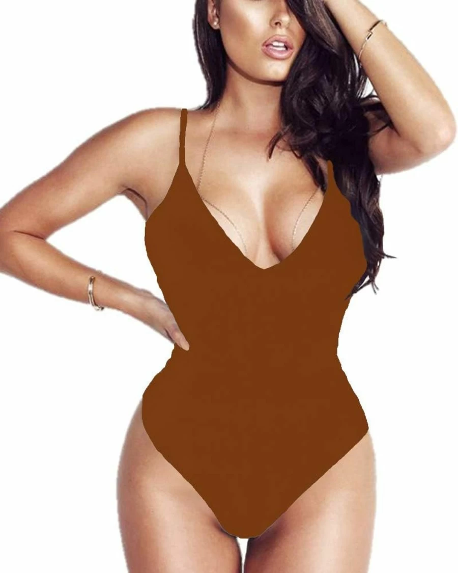 LINMON Women's Deep V Neck Sleeveless Spaghetti Strap Bodysuit - Open Back Camisole Leotard Jumpsuit for Women