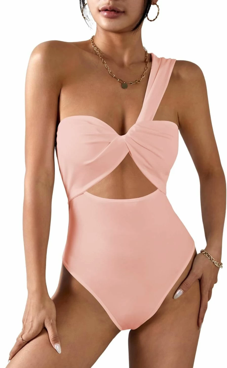 WDIRARA Women's Sexy One Shoulder Sleeveless Cami Bodysuit Top with Twist Front Cut Out Design