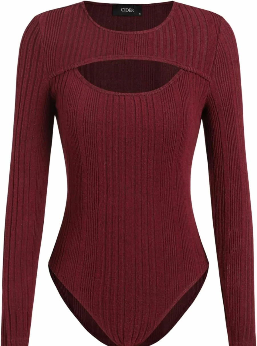 CIDER Women's Black Ribbed Long Sleeve Bodysuit - Solid Cut Out Bodycon Jumpsuit