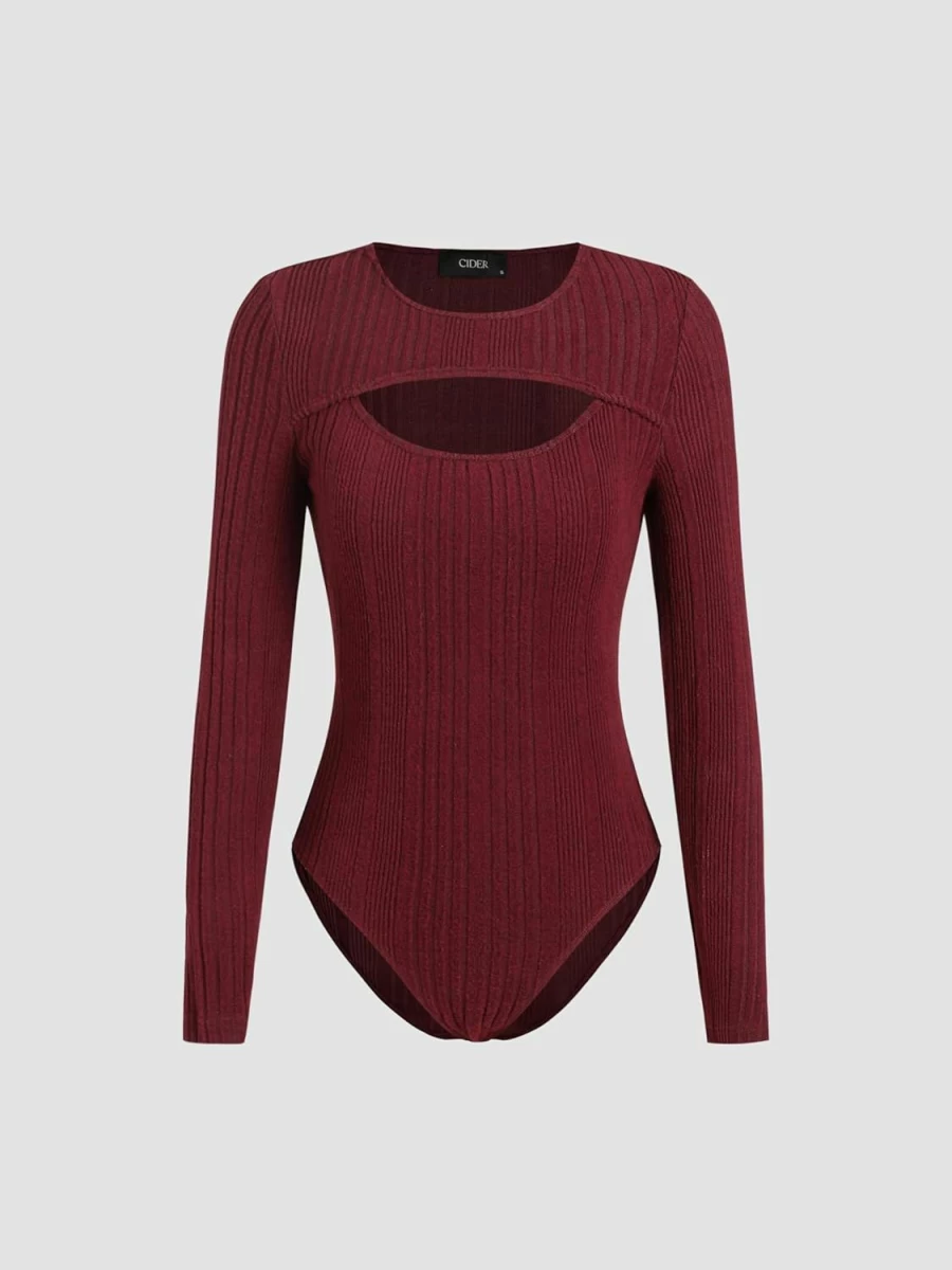 CIDER Women's Black Ribbed Long Sleeve Bodysuit - Solid Cut Out Bodycon Jumpsuit
