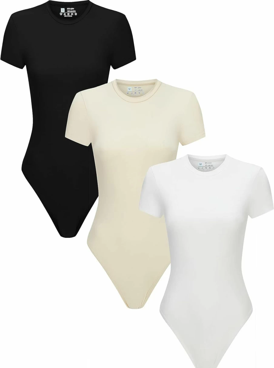"Flutnel Women's 3-Piece Basic Round Neck Short Sleeve T-Shirts & Bodysuit Jumpsuit Set"