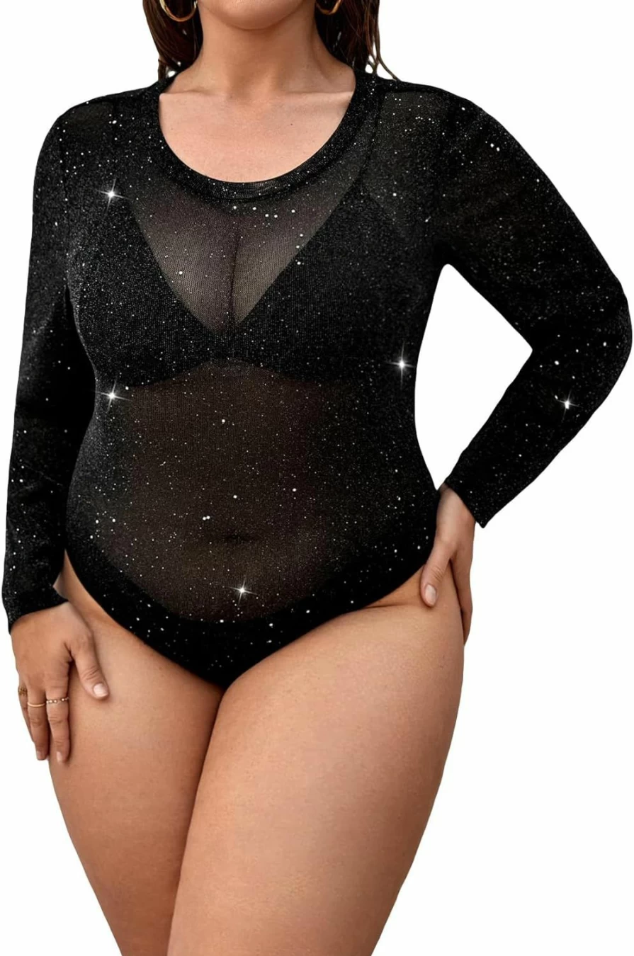 Floerns Plus Size Rhinestone Mesh Long Sleeve Bodysuit for Women - Sparkling Sheer Leotard Top