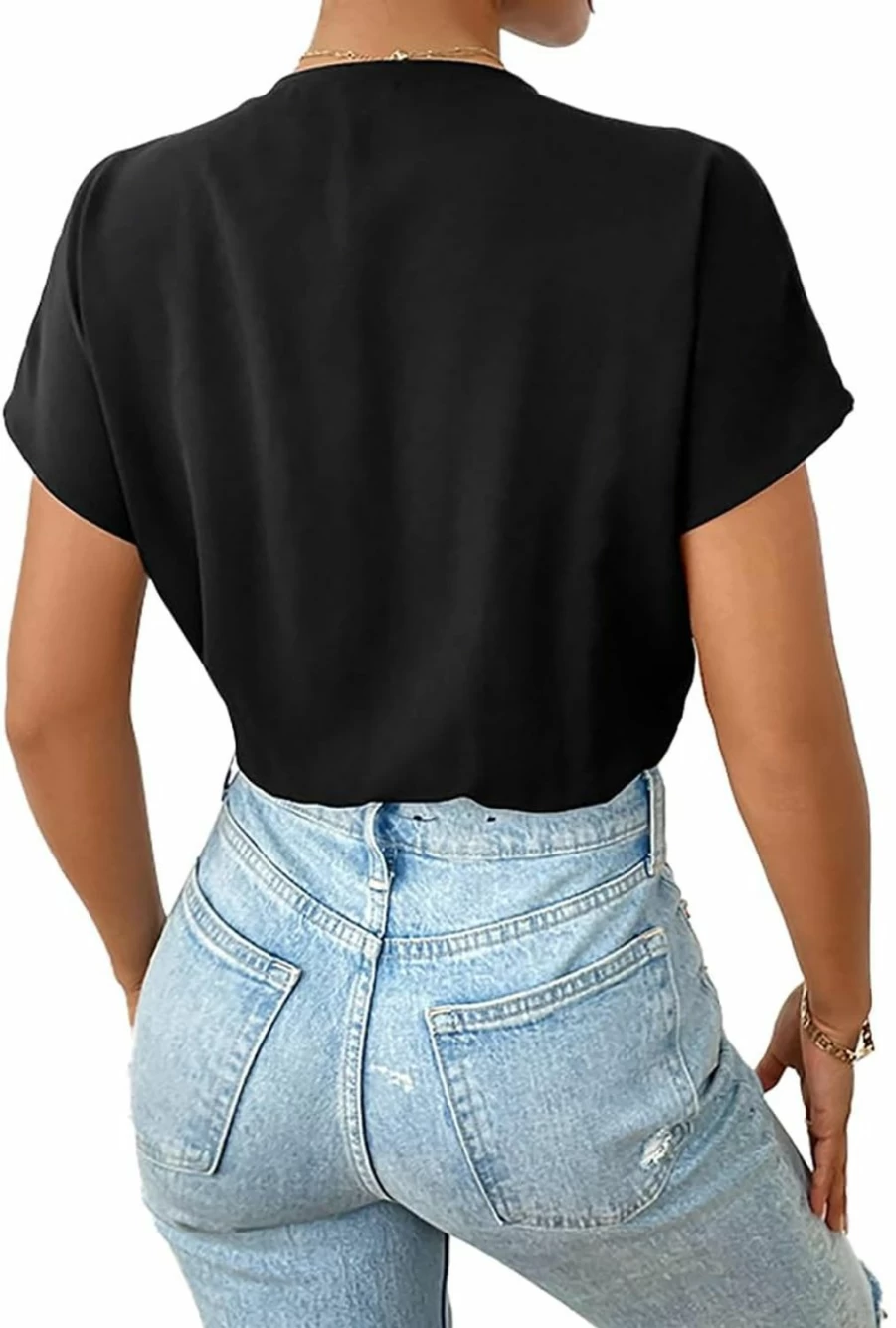 Rooscier Women's Wrap V-Neck Ruched Bodysuit Top - Loose Fit Short Sleeve Casual Blouse