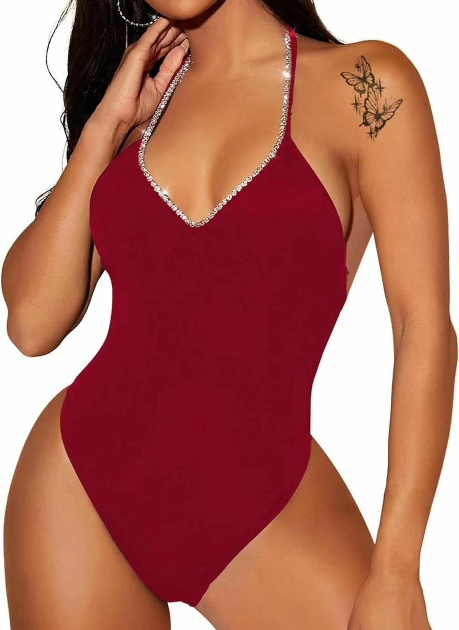 LovelyWholesale Women's Sexy Rhinestone Halter Neck Backless Bodysuit - Sleeveless V-Neck Leotard Top for Dance & Party