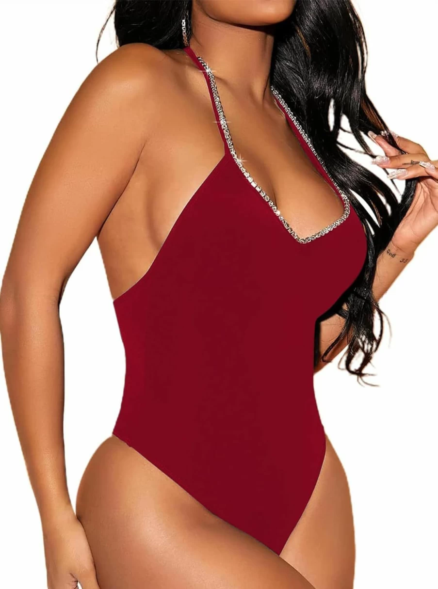 LovelyWholesale Women's Sexy Rhinestone Halter Neck Backless Bodysuit - Sleeveless V-Neck Leotard Top for Dance & Party