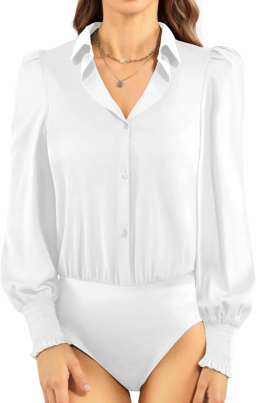 MANGOPOP Women's Long Sleeve Button Down Collared Bodysuit - Elegant One-Piece Work Blouse Tops for Women
