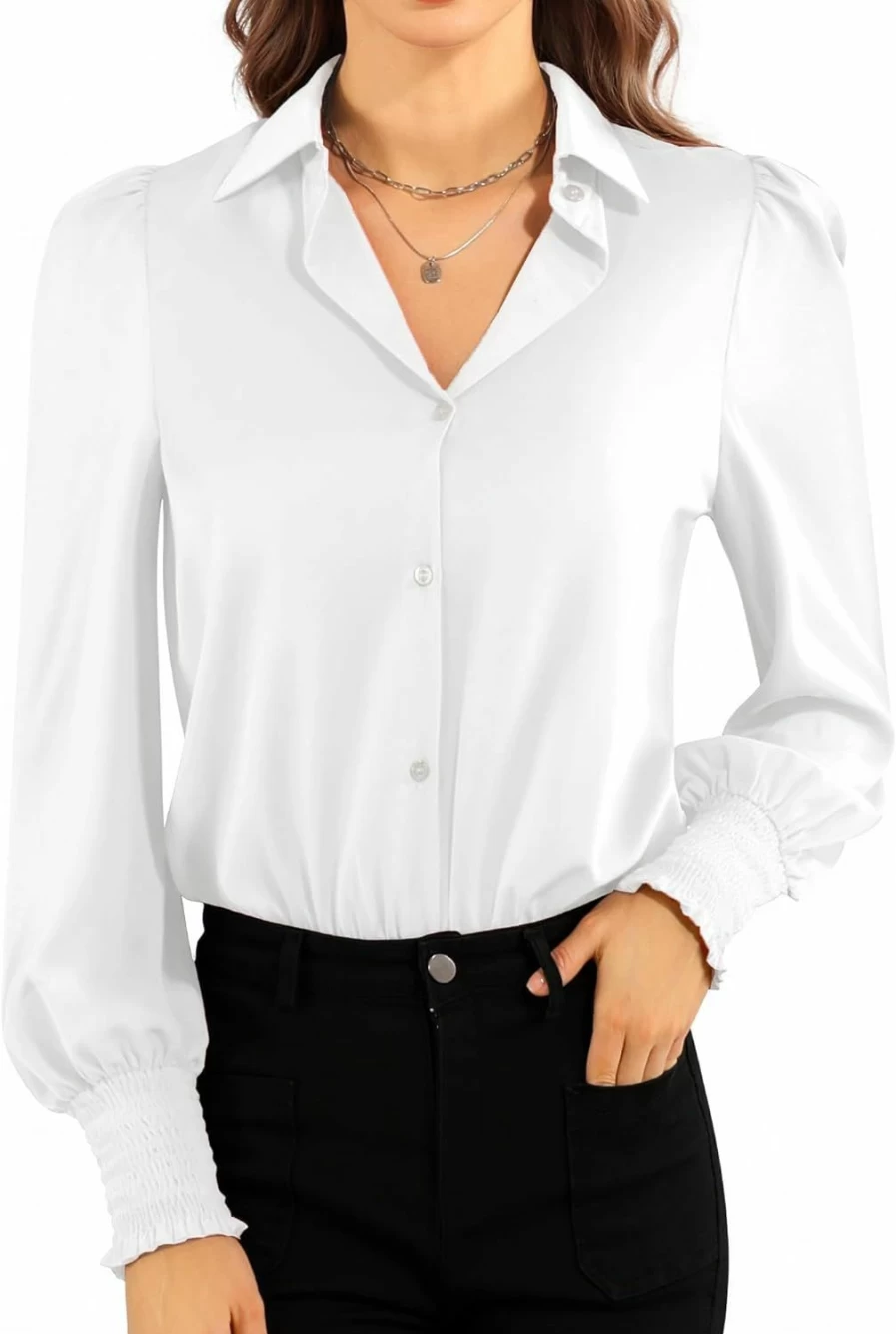 MANGOPOP Women's Long Sleeve Button Down Collared Bodysuit - Elegant One-Piece Work Blouse Tops for Women