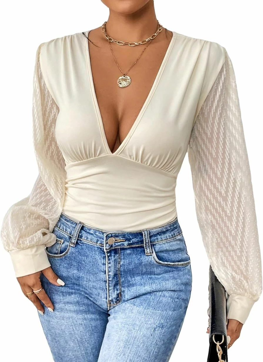QWINEE Women's Slim Fit Long Sleeve V-Neck Bodysuit - Casual Solid Pullover Top for Women