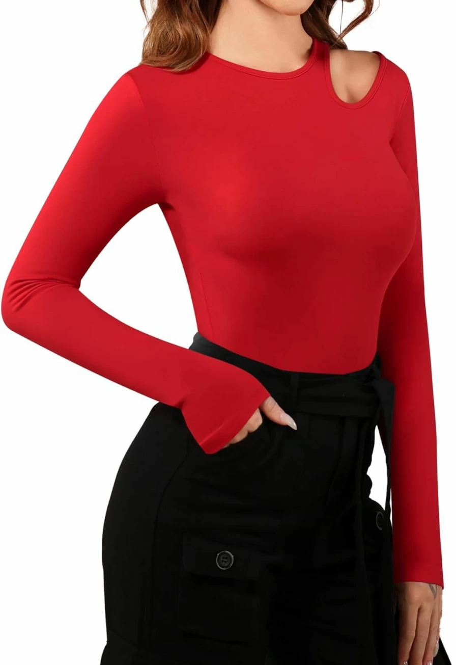 MANGOPOP Women's One Shoulder Long Sleeve Bodysuit - Sexy Cut Out Tops for Women