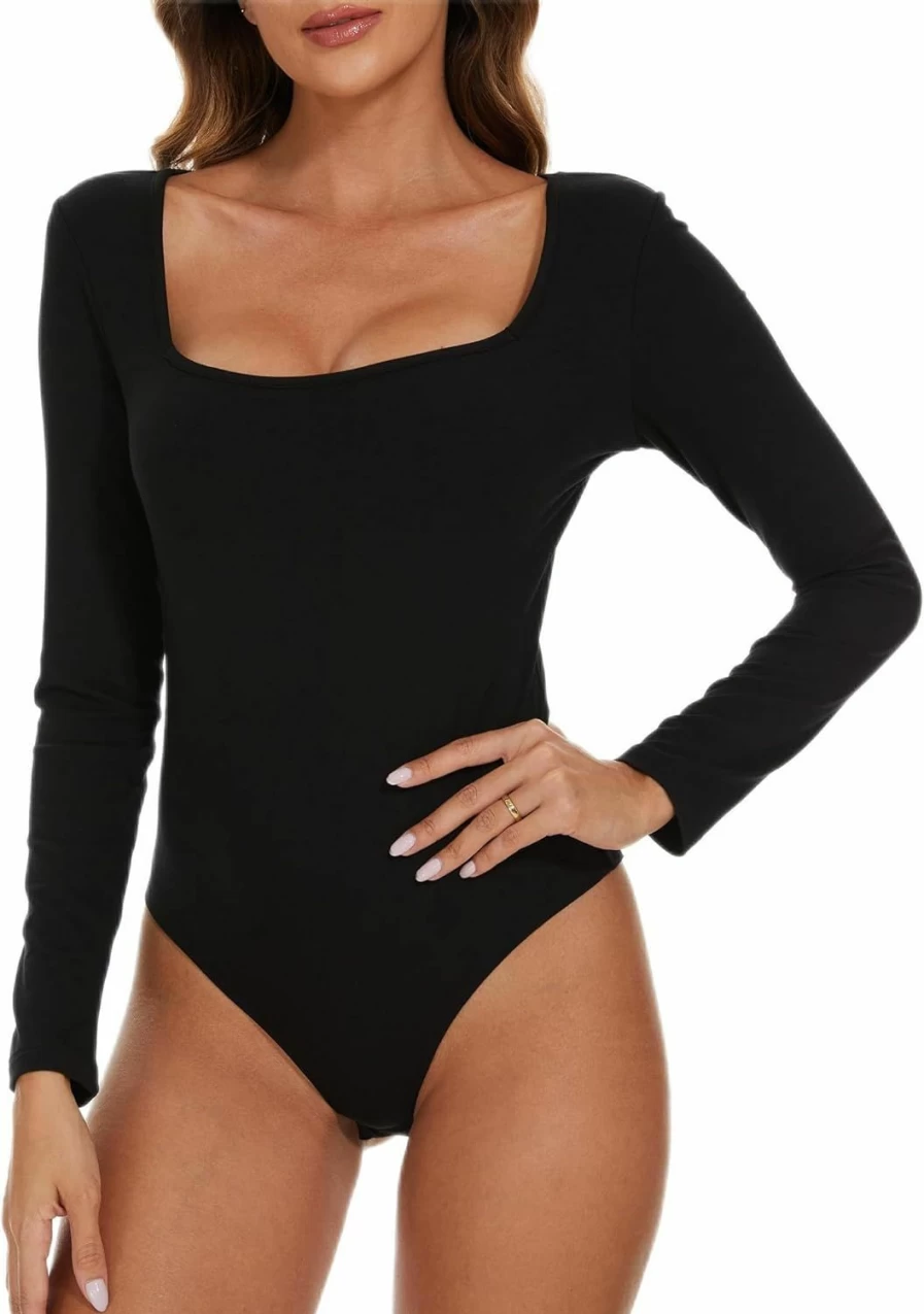 CARCOS Women's Square Neck Long Sleeve Slim Fit Bodysuit - Casual Basic Jumpsuit T-Shirt Top