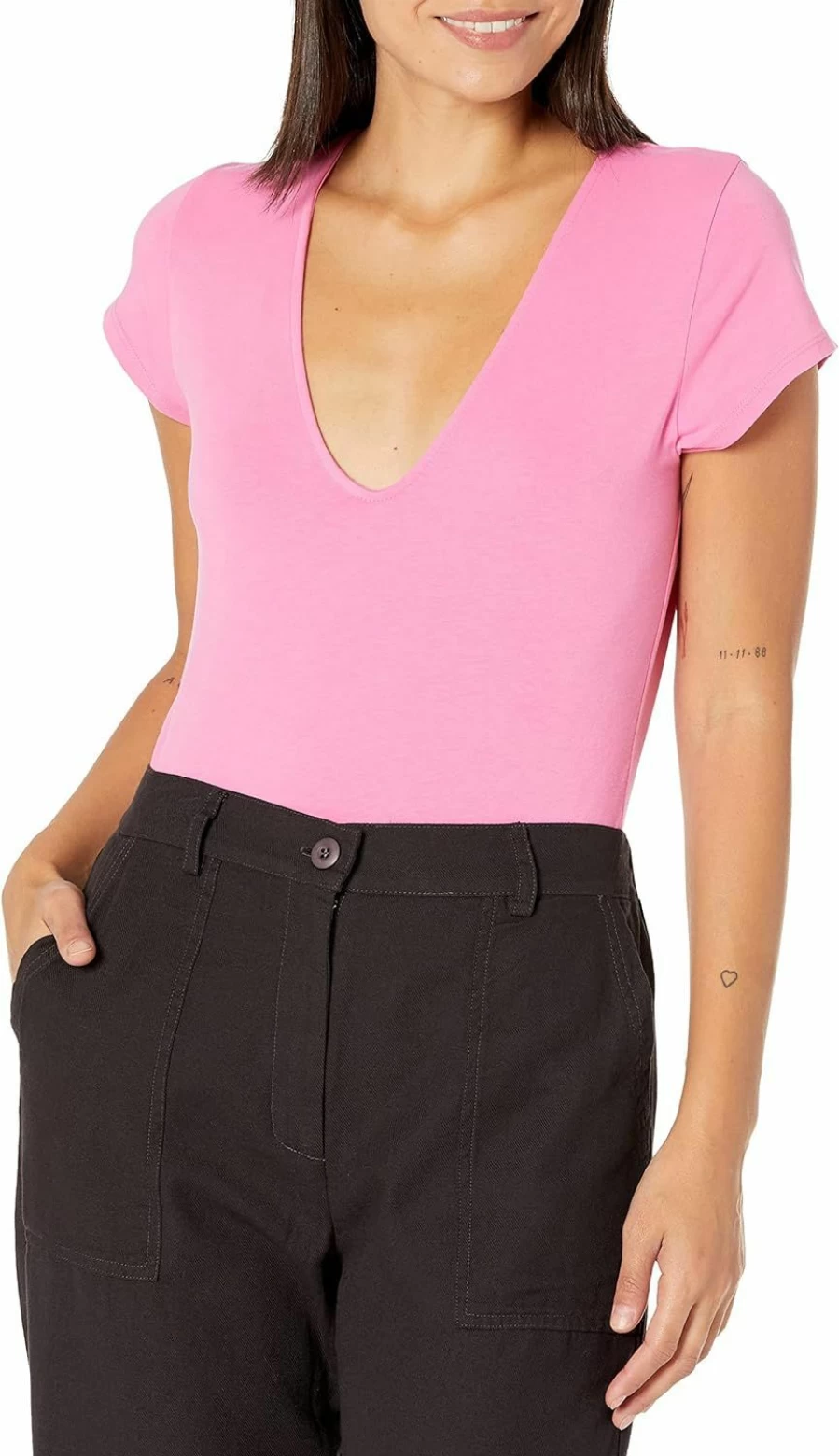 Monrow Women's V-Neck Cap Sleeve Bodysuit HT1254 - Stretch Jersey T-Shirt Style Romper