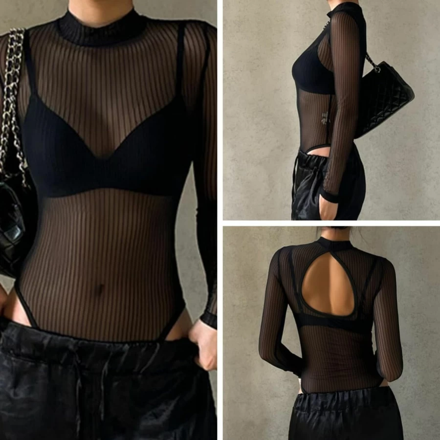 LuckyMoon Women's Sheer Long Sleeve Bodysuit - Stretchy Mock Neck Slim Fit Leotard Top for Clubwear in Black