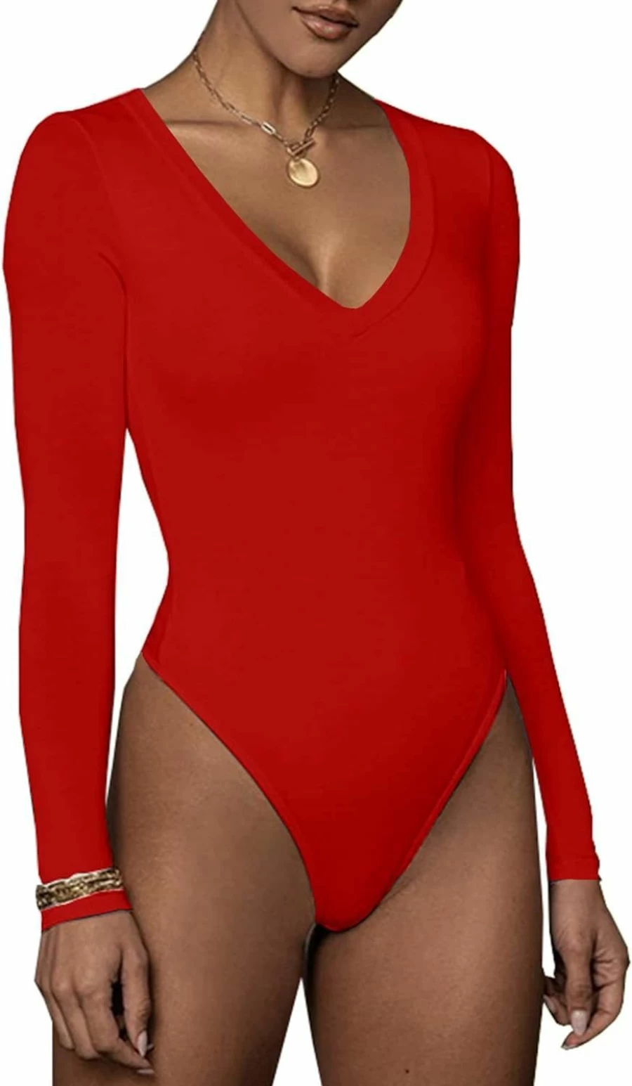 GEMBERA Women's V-Neck Long Sleeve Bodysuit - Stretchable Basic Leotard Top for Comfort & Style