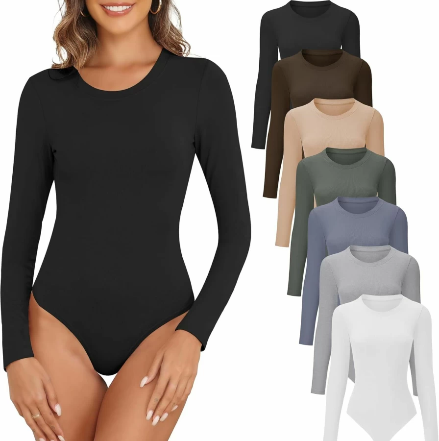 BVNSOZ Women's Stretchy Long Sleeve Bodysuit - Casual Crew Neck Tops 4/5 Pack Basic Comfortable Round Neck Shirts