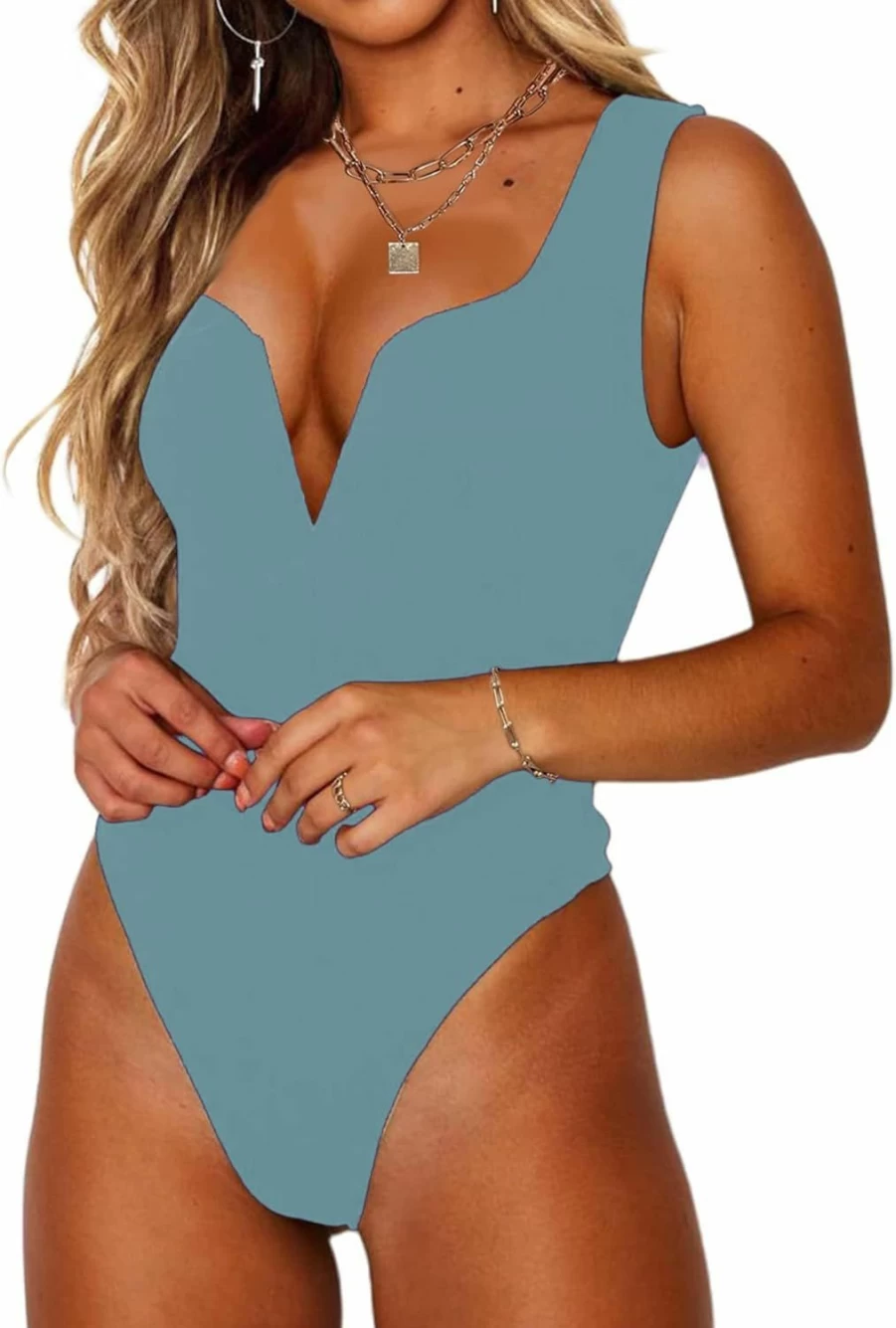 LilyCoco Women's Sleeveless Deep V-Neck Bodysuit Thong Leotard Tank Top