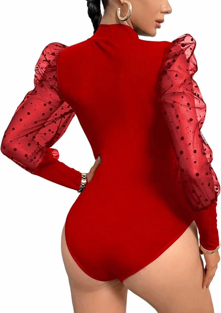 Rooscier Women's Polka Dot Sheer Mesh Mock Neck Bodysuit - Long Sleeve Slim Fit Tops for Women