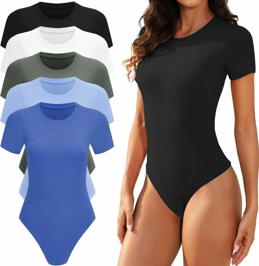 TVKSOM Women's Stretchy Casual T-Shirt Bodysuit - 5 Pack Short Sleeve Round Neck Basic Tops