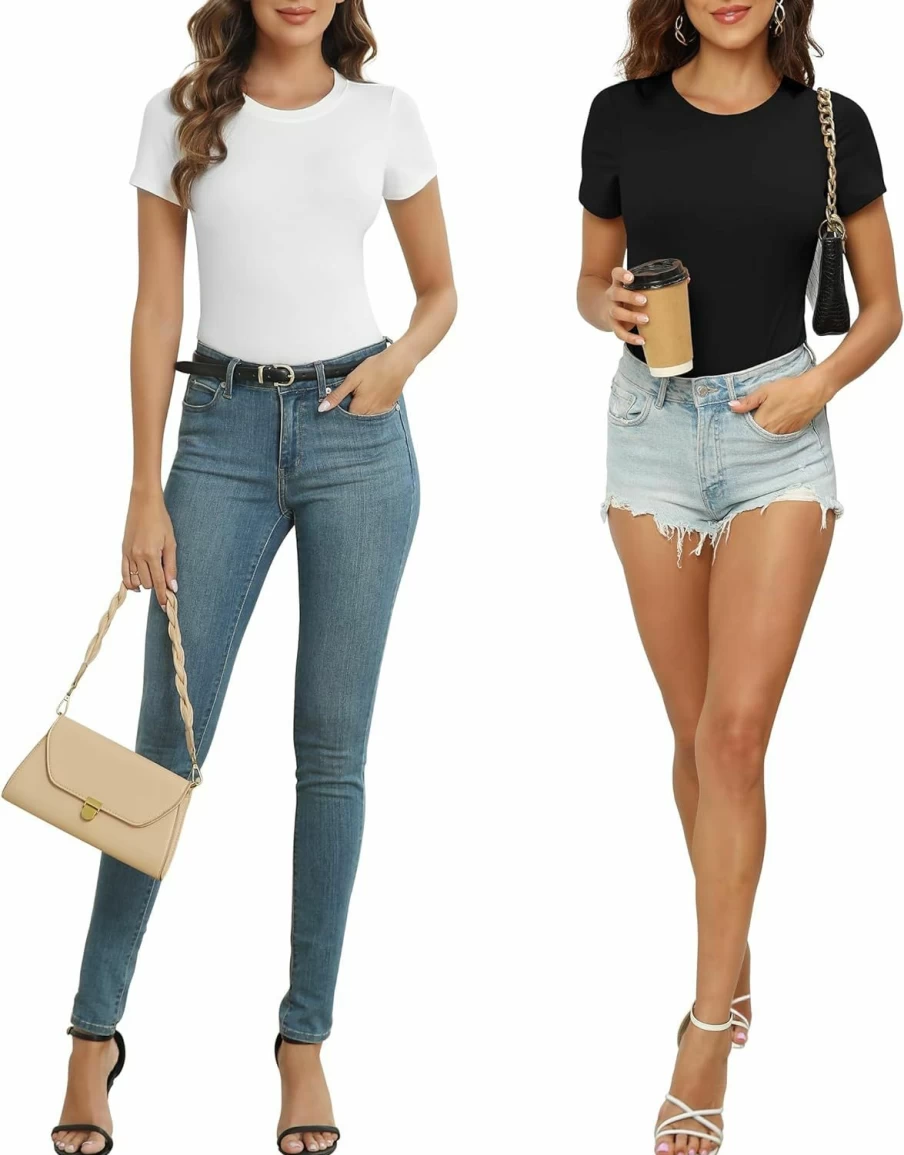 TVKSOM Women's Stretchy Casual T-Shirt Bodysuit - 5 Pack Short Sleeve Round Neck Basic Tops