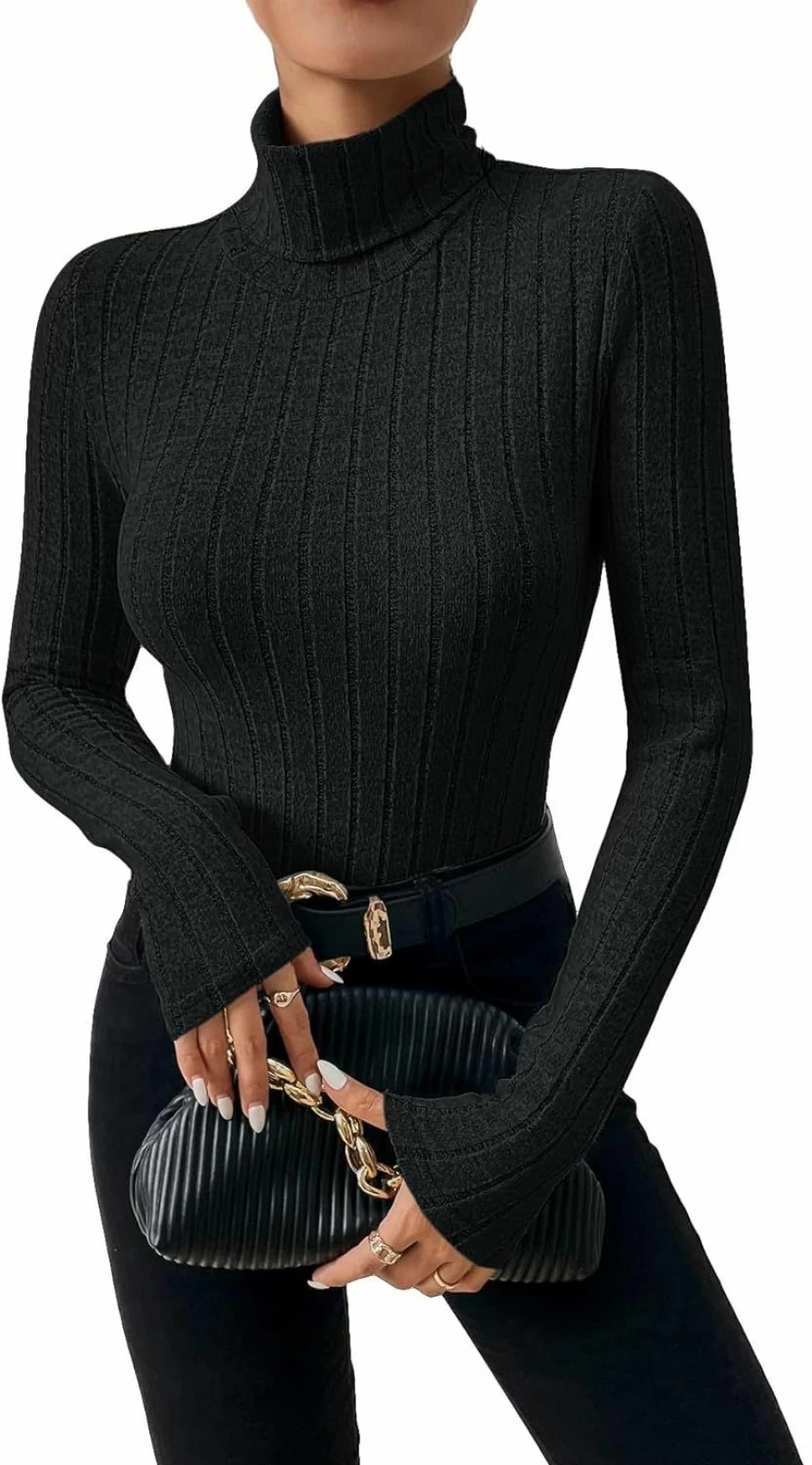 SOLY HUX Women's Ribbed Knit Turtleneck Bodysuit - Long Sleeve Fitted T-Shirt Top for Women