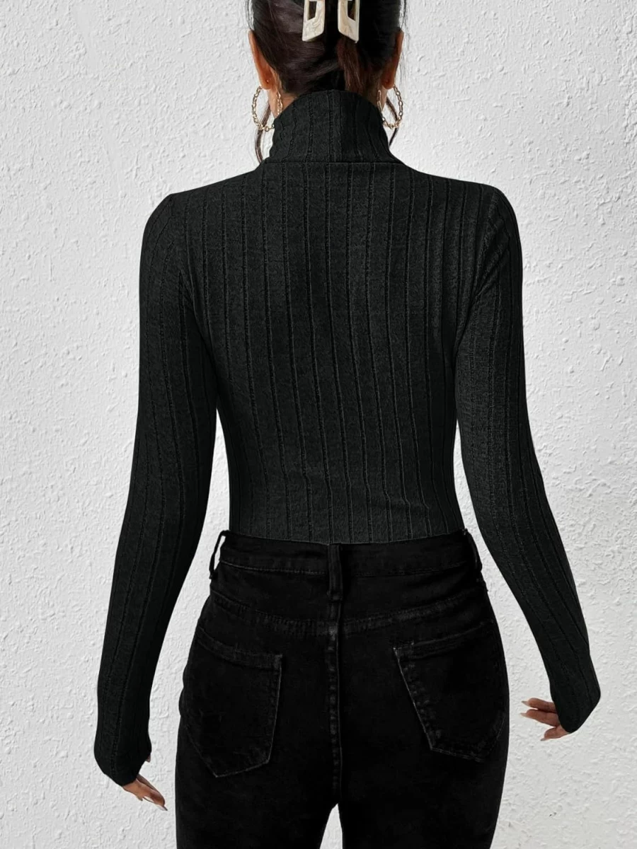 SOLY HUX Women's Ribbed Knit Turtleneck Bodysuit - Long Sleeve Fitted T-Shirt Top for Women