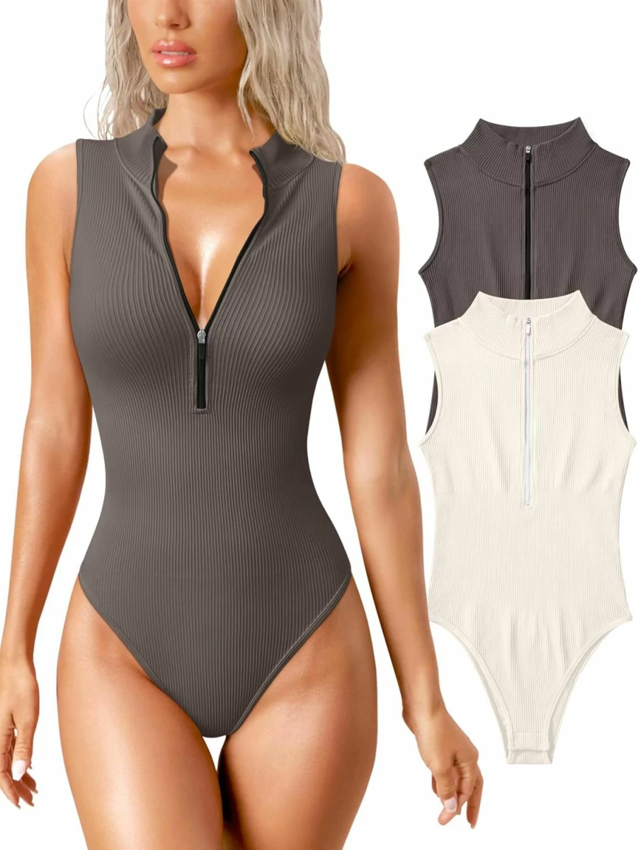 OQQ Women's Sexy Ribbed Sleeveless Zip-Front Bodysuit 2-Piece Set