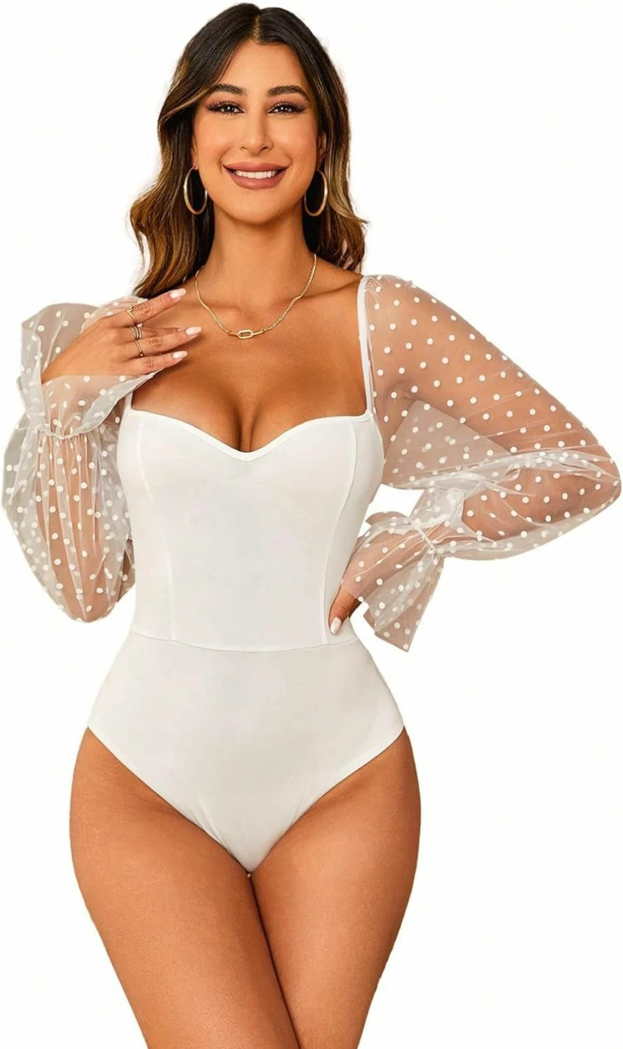 WDIRARA Women's Polka Dot Sheer Mesh Bodysuit with Sweetheart Neck and Long Bishop Sleeves