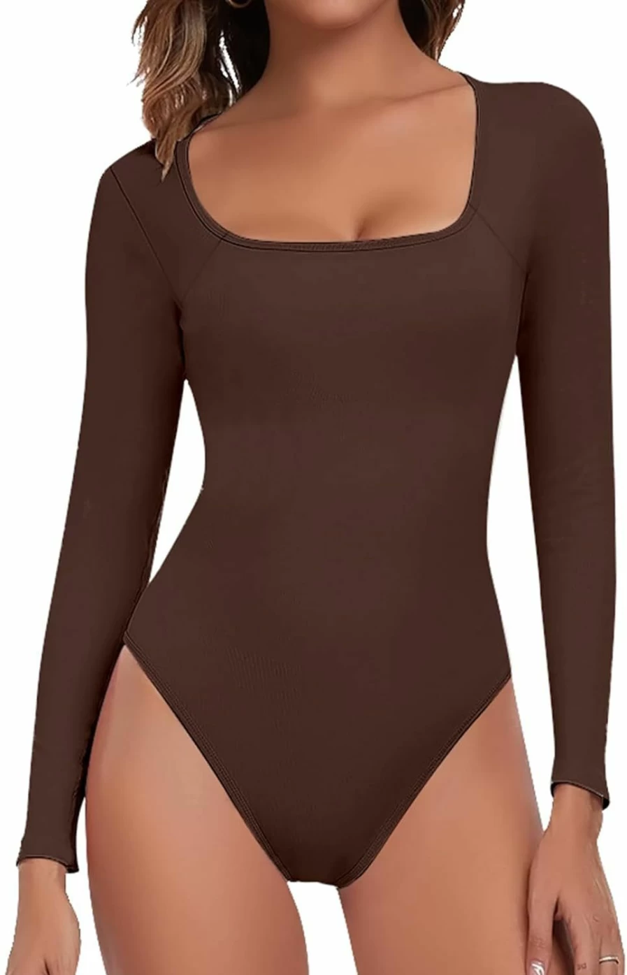 Up2Fantasy Women's Slim Fit Long Sleeve V-Neck Bodysuit with Thong Bottom - Stretchy Tops & Jumpsuits for Women