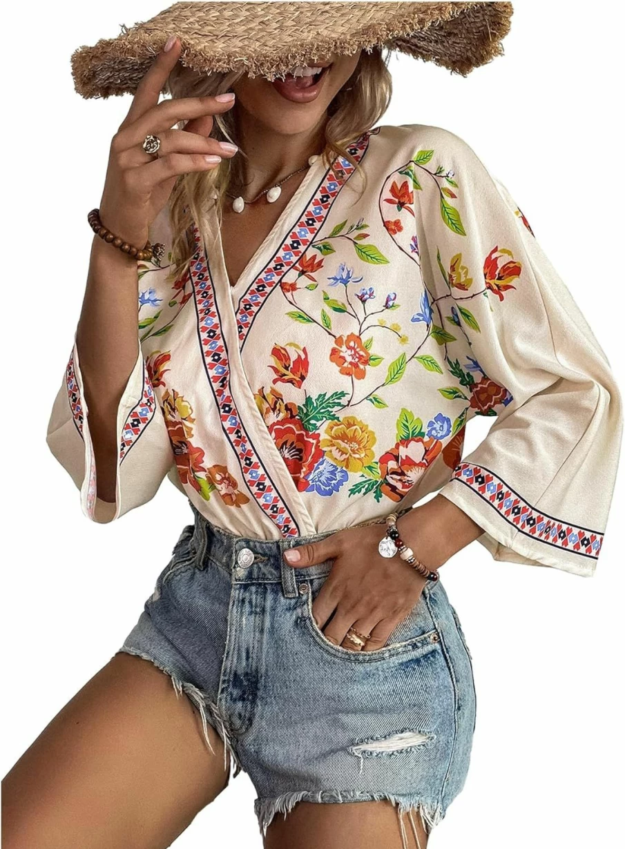 OYOANGLE Women's Floral Print Wrap V-Neck Bodysuit - 3/4 Sleeve Casual Tops for Women
