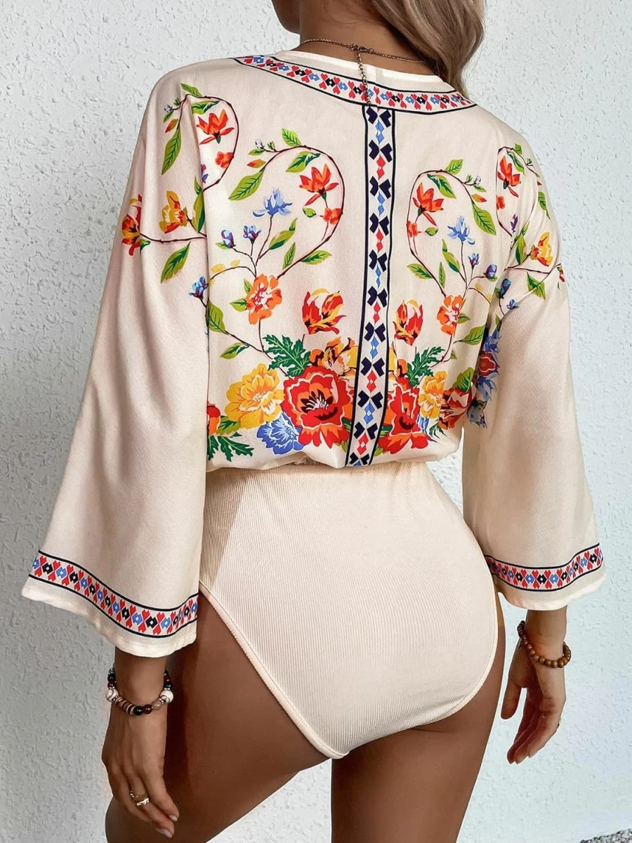 OYOANGLE Women's Floral Print Wrap V-Neck Bodysuit - 3/4 Sleeve Casual Tops for Women
