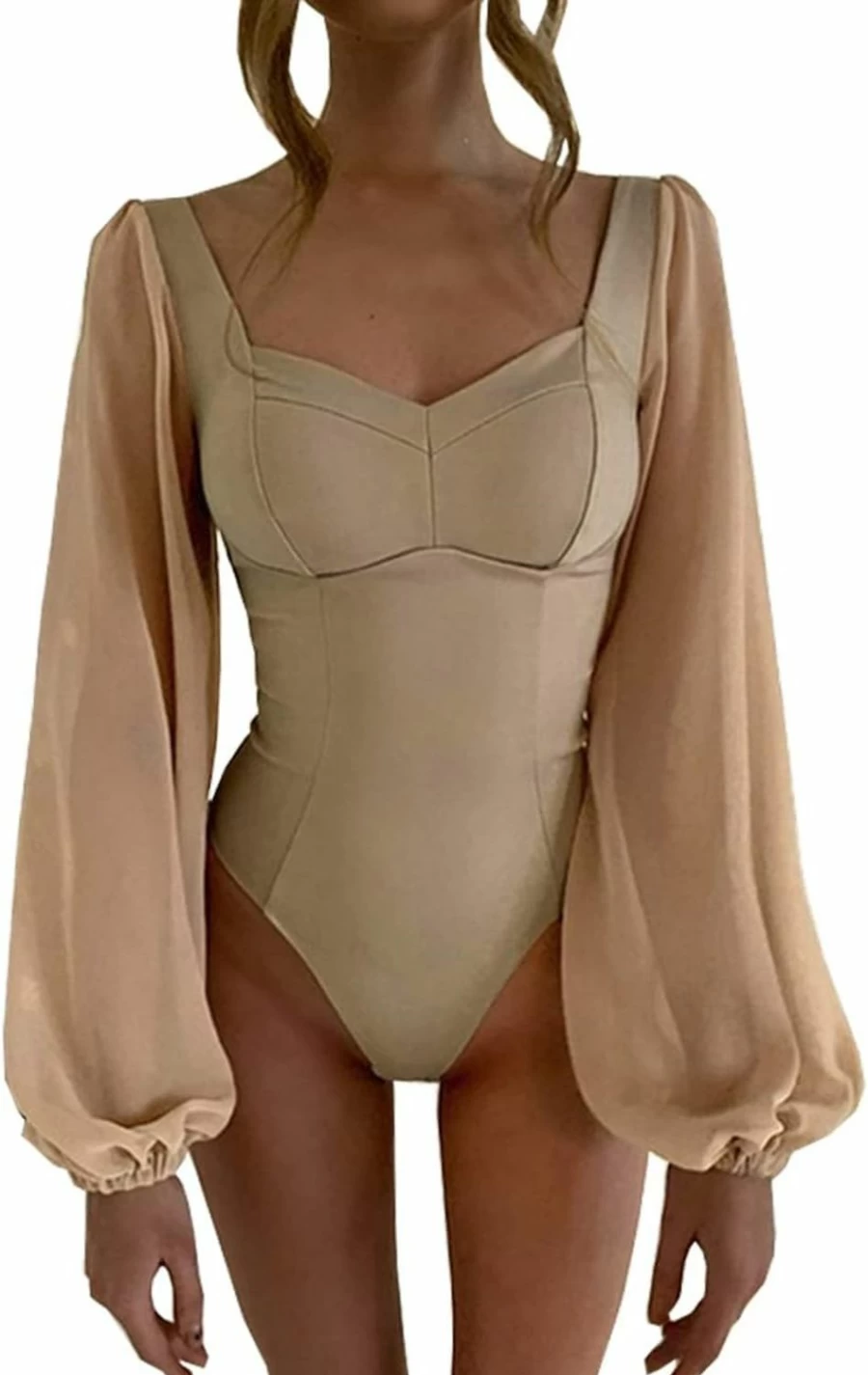 "Syydn Women's Sexy Square Neck Puff Sleeve Bodysuit - Bodycon Jumpsuit Tops for Women"