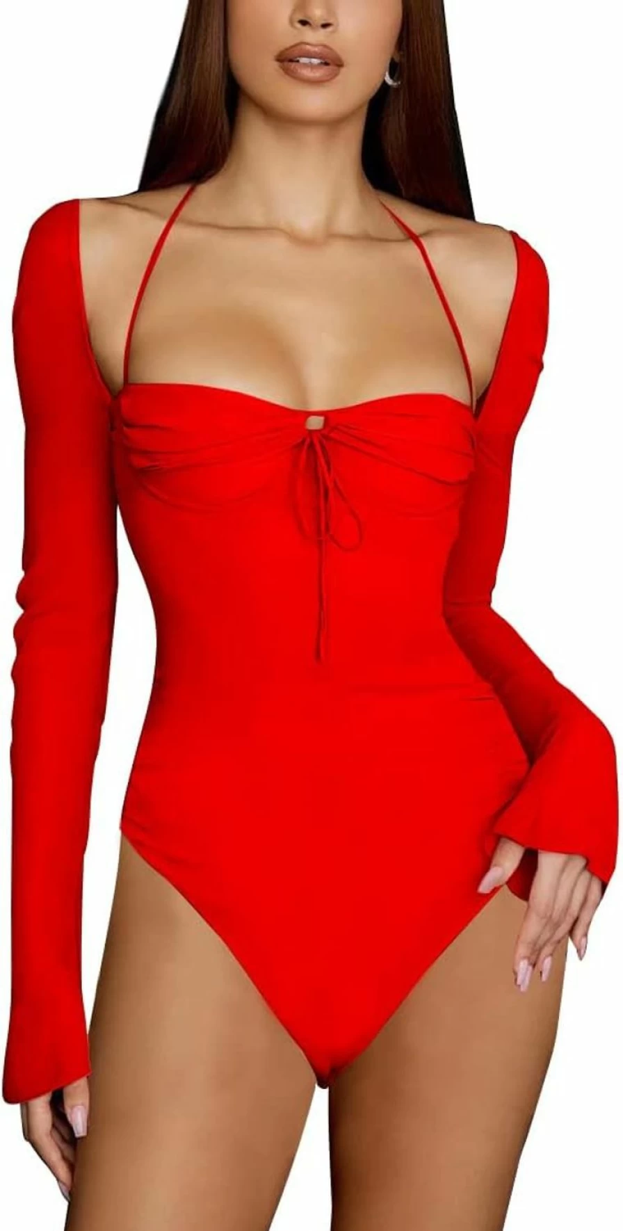 Ysranlr Women's Sexy Deep V Neck Backless Jumpsuit Long Sleeve Clubwear Party Tops Spaghetti Straps Bodysuit Mini Dress