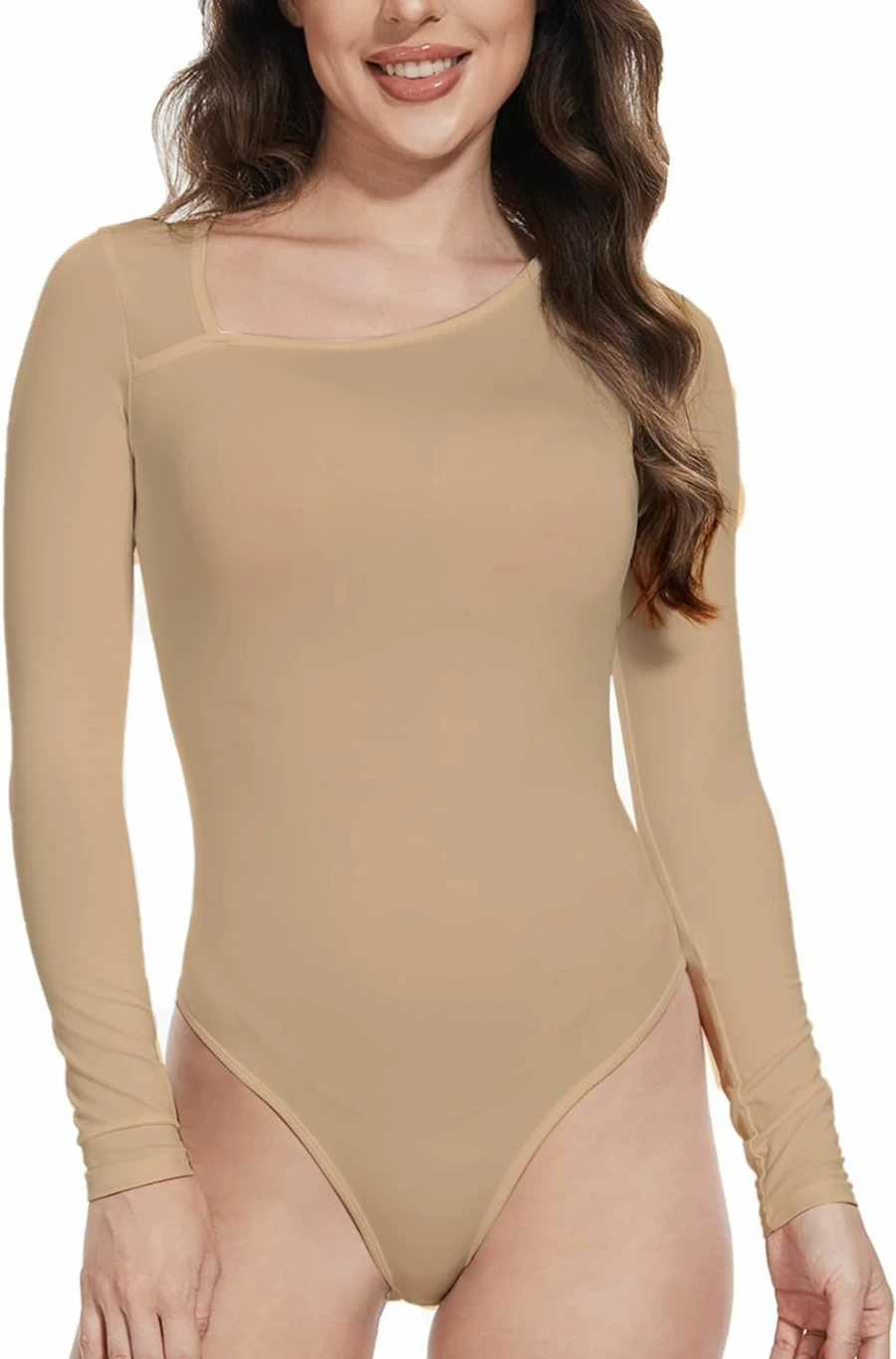 VENTELAN Women's Basic Long Sleeve Bodysuit - Irregular Neck T-Shirt Style Jumpsuit & Leotard