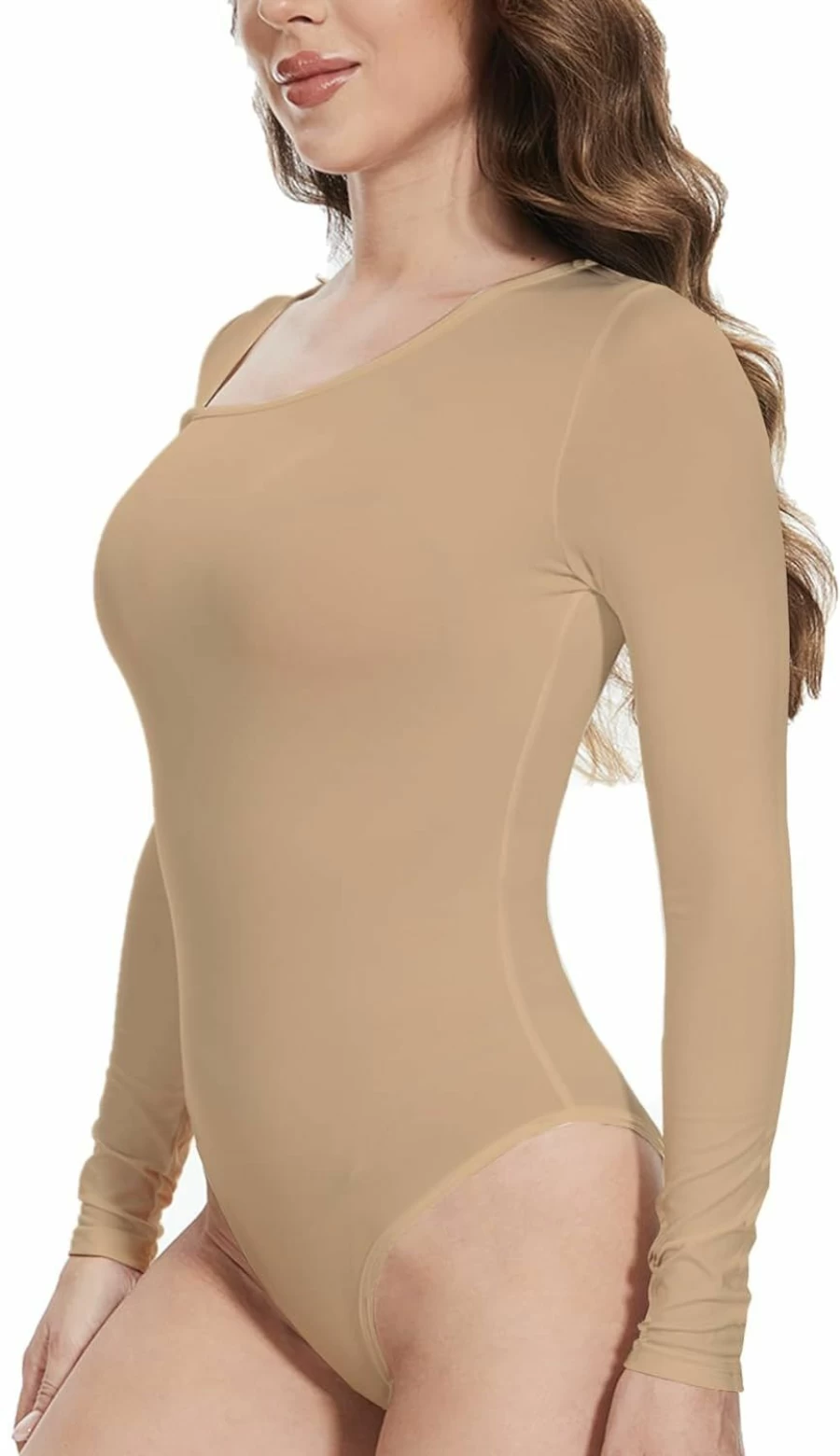 VENTELAN Women's Basic Long Sleeve Bodysuit - Irregular Neck T-Shirt Style Jumpsuit & Leotard