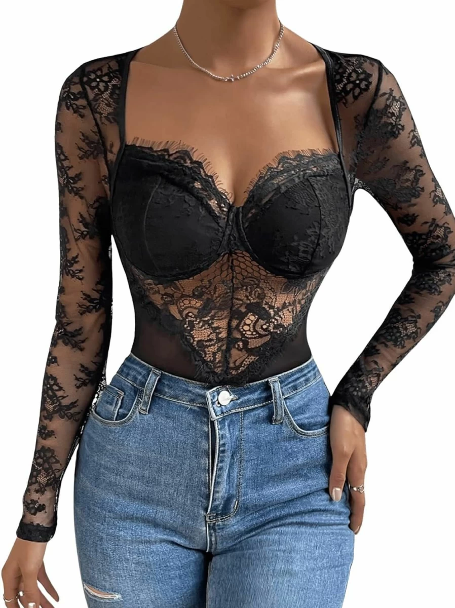 SHENHE Women's Floral Lace Bustier Bodysuit - Elegant Sweetheart Neck Long Sleeve Sheer Tops for Women