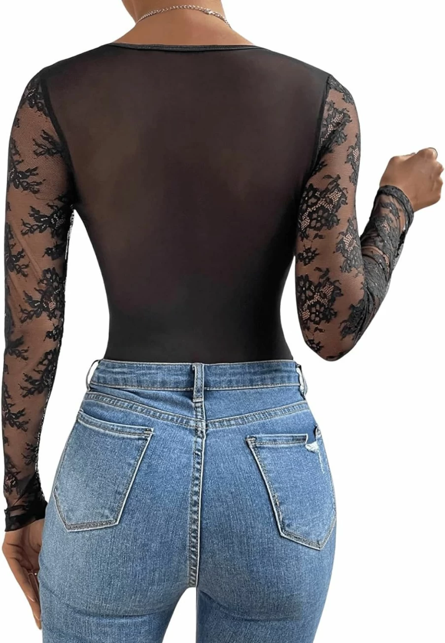 SHENHE Women's Floral Lace Bustier Bodysuit - Elegant Sweetheart Neck Long Sleeve Sheer Tops for Women