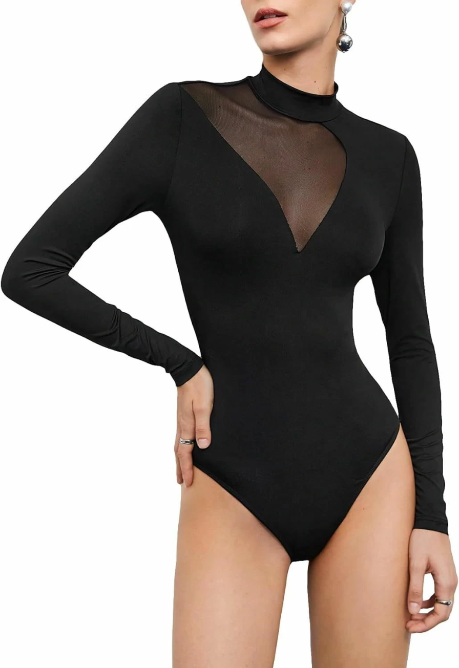 Milumia Women's Sheer Mesh Mock Neck Long Sleeve Bodysuit Tops - Stretchable Leotard Shirt for Layering