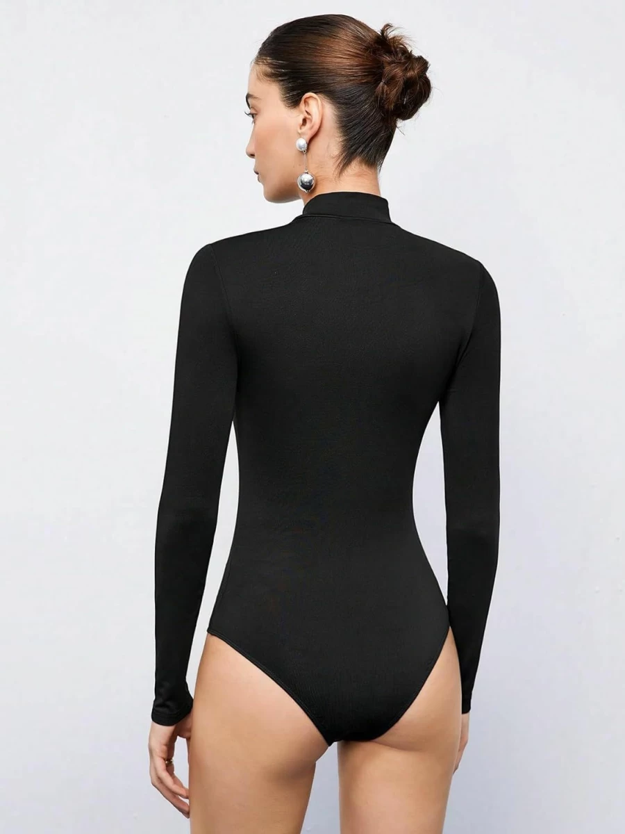 Milumia Women's Sheer Mesh Mock Neck Long Sleeve Bodysuit Tops - Stretchable Leotard Shirt for Layering