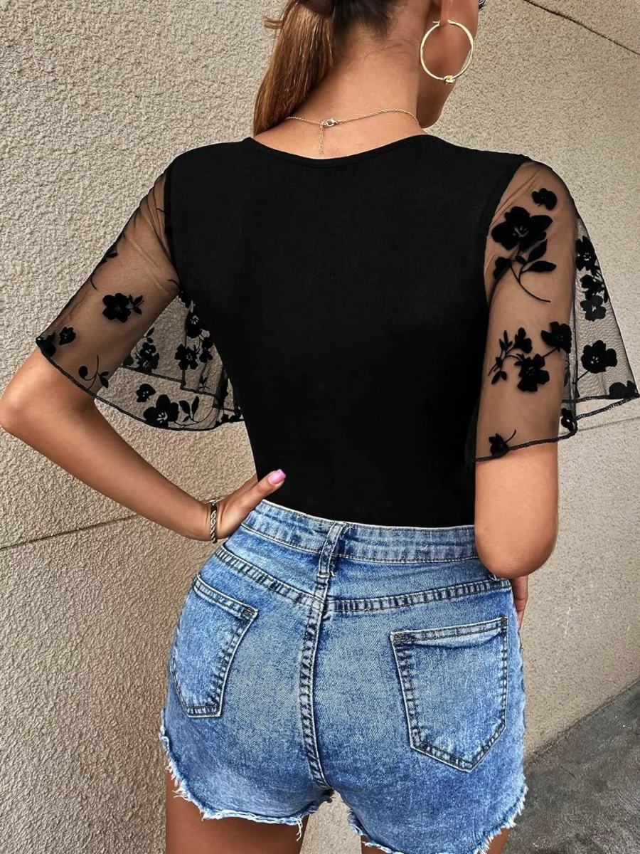 WDIRARA Plus Size Women's Sheer Polka Dot V-Neck Ruffle Short Sleeve Bodysuit Tops