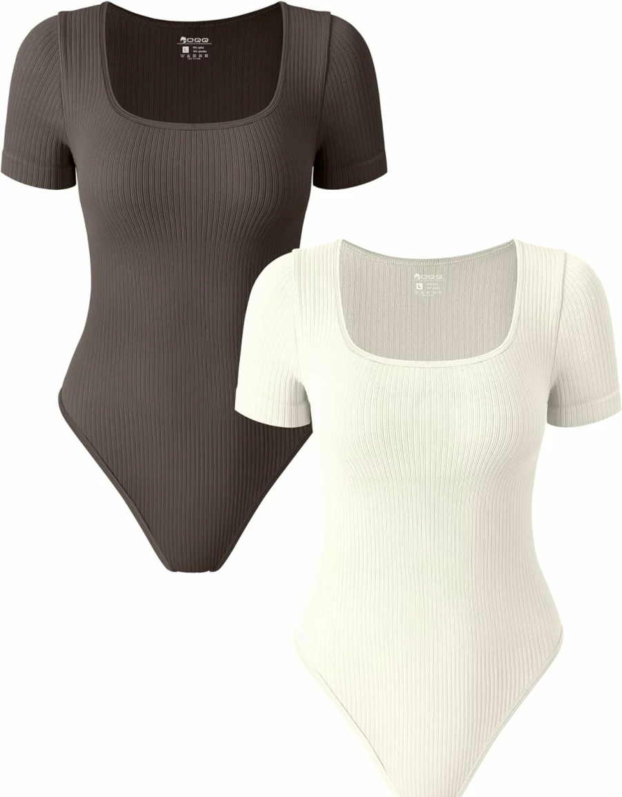 OQQ Women's 2-Pack Sexy Ribbed Bodysuit - Square Neck Short Sleeve One Piece Jumpsuit