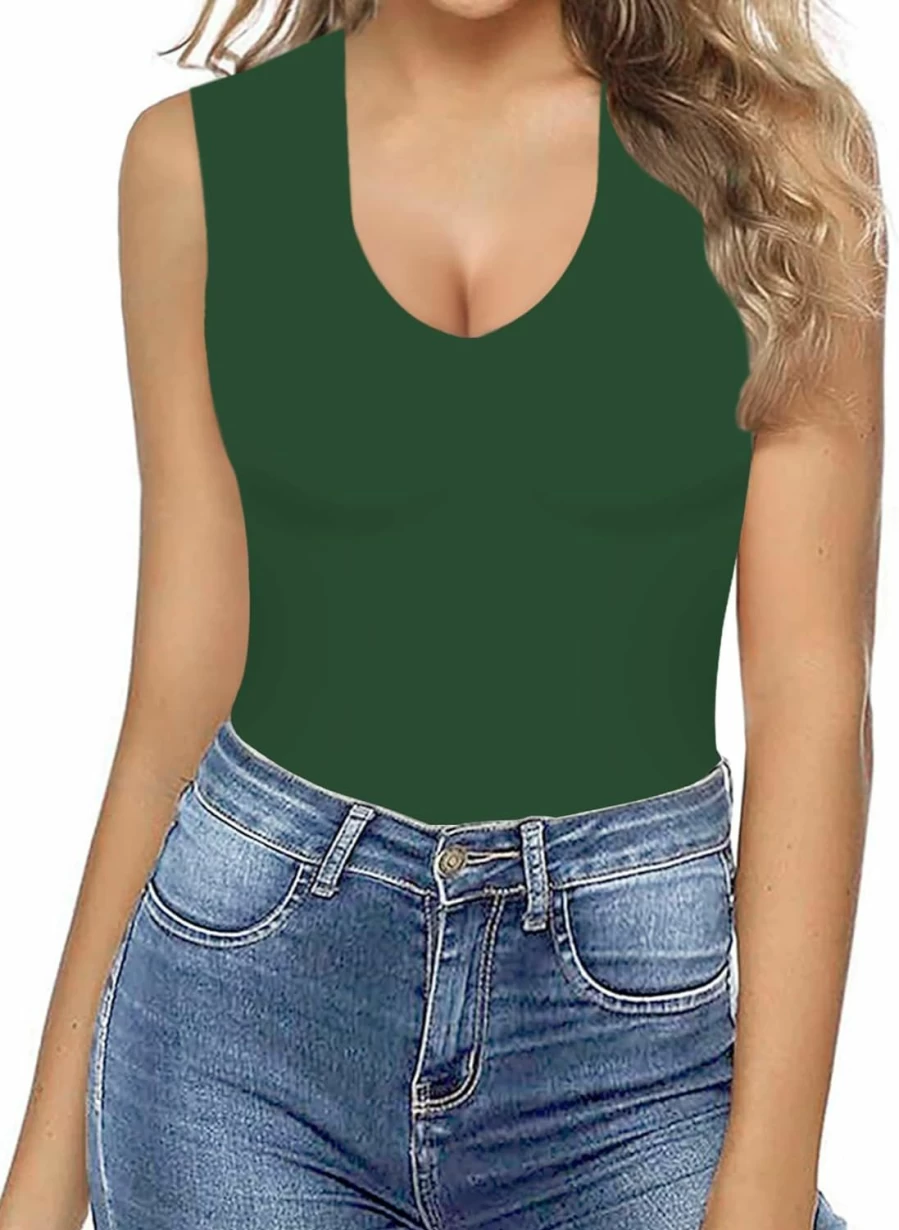 MANGOPOP Women's Double Lined Sleeveless V-Neck Bodysuit Tank Top - Stretchable Fashion Fit