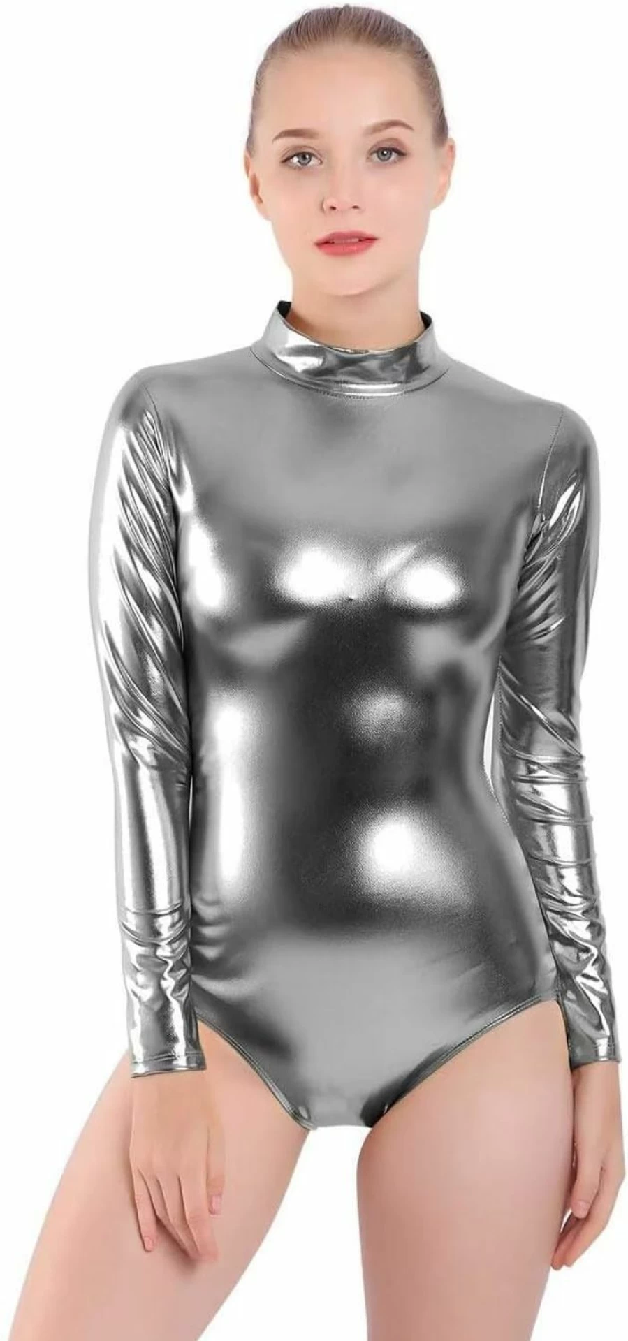 Javly Women's Metallic Long Sleeve Turtleneck Latex Bodysuit for Dance & Stage Performance