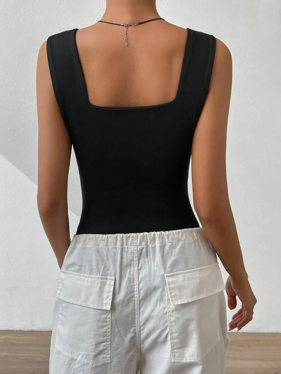SHENHE Women's Backless Sleeveless Slim Fitted Bodysuit Tank Top - Stretch Scoop Neck Layering Piece