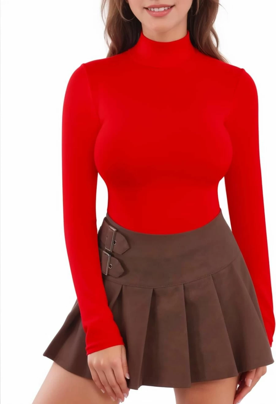 MANGOPOP Women's Mock Neck Long Sleeve Bodysuit Jumpsuit - Red X-Large Stretchable Comfort Fit Fashion Tops