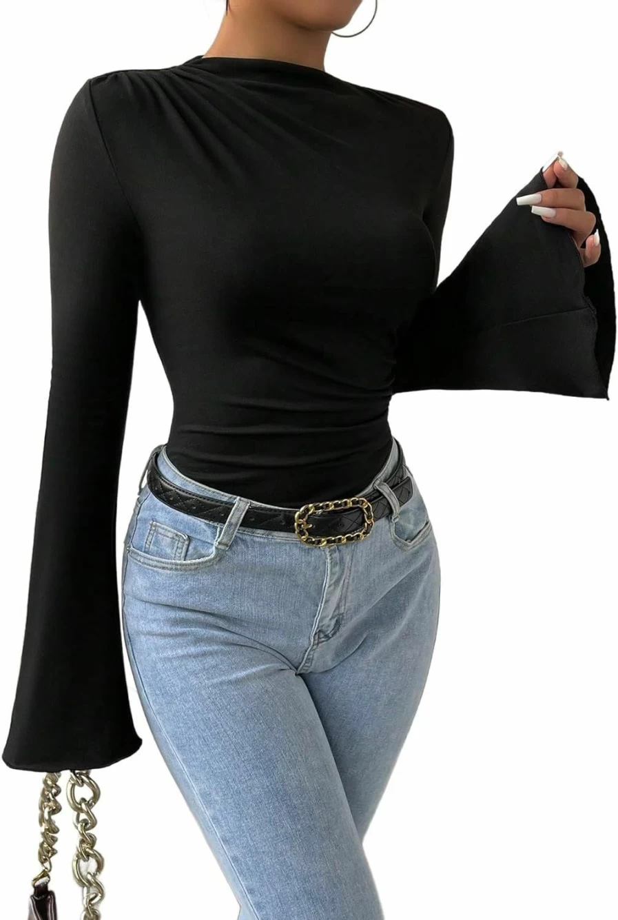 MakeMeChic Women's Mock Neck Ruched Flare Long Sleeve Bodysuit - Elegant Solid Tops for Women