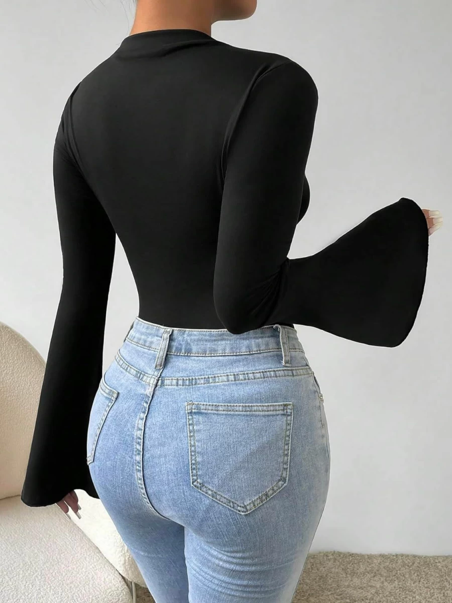 MakeMeChic Women's Mock Neck Ruched Flare Long Sleeve Bodysuit - Elegant Solid Tops for Women
